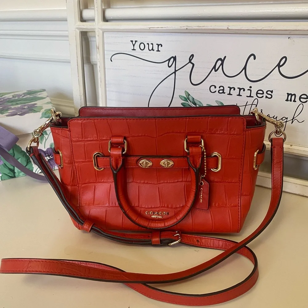 Coach Red Coral Croc-Embossed Leather Bag with Crossbody Strap